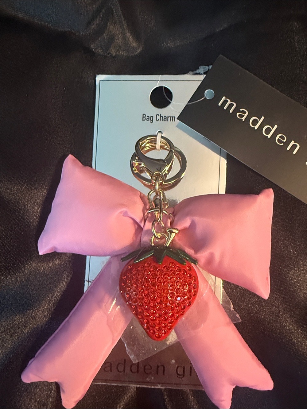 Madden Girl Pink Bow Red Crystal Strawberry Bag Charm